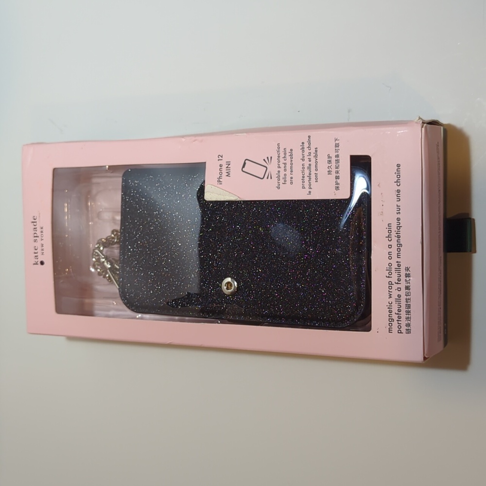 kate spade iPhone 12 MINI Magnetic Wrap Folio on a Removeable Chain Black NEW